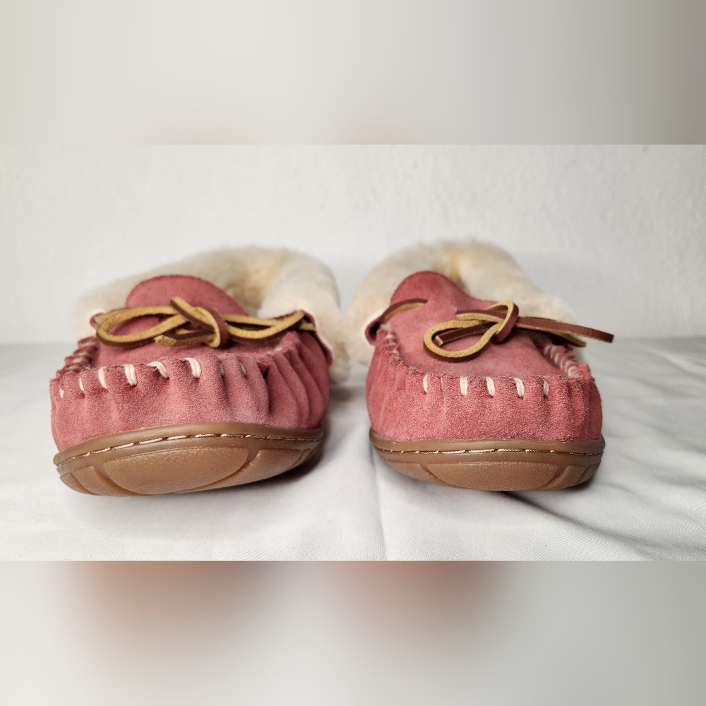 NEW LL Bean Wicked Good Slippers Moccasins Pink Leather Suede Real Lamb Fur 7M - Picture 11 of 11